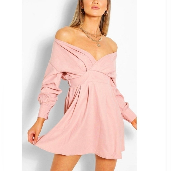 BOOHOO Pink Off the Shoulder Wrap Front Skater Dress Long Sleeves Women's Size 8 - Picture 2 of 12